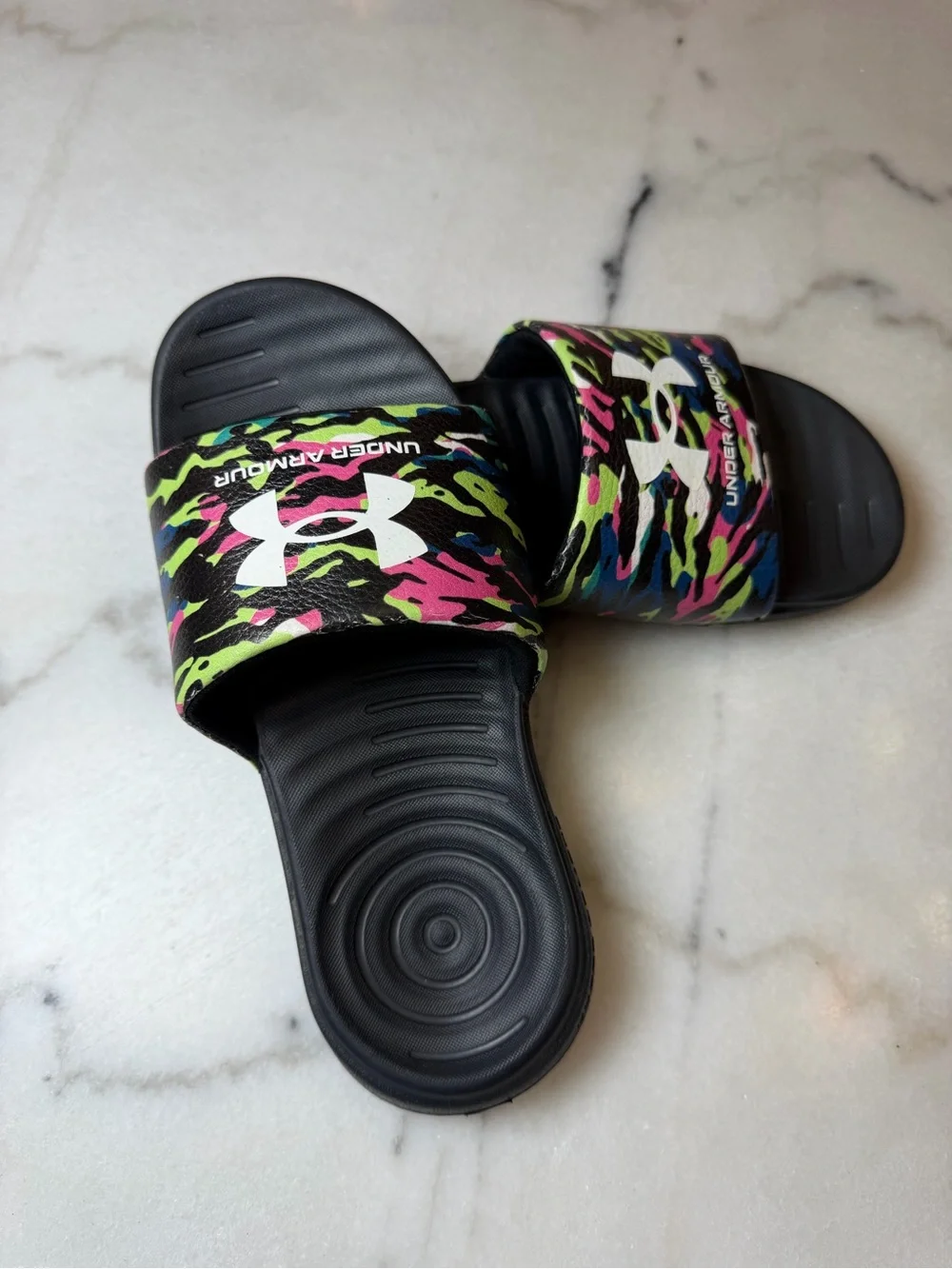 Under Armour Black Slides with Neon Pink, Green & Blue Camo Strap